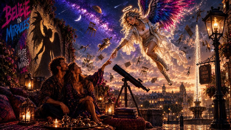Floating iridescent winged angel reaches for a woman's hand as a couple sits on a magical sunset rooftop