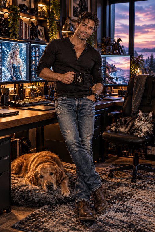 Handsome male digital creator leans on his home studio desk, accompanied by his golden retriever and tabby cat at golden