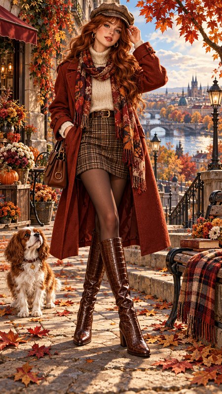 Stylish red-haired woman in fall outerwear stands with a spaniel on a sunlit European autumn city overlook