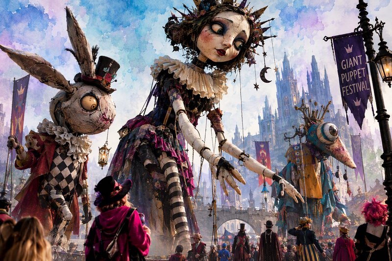 Towering whimsical marionettes parade before crowds at a fantasy Giant Puppet Festival outside a spired castle