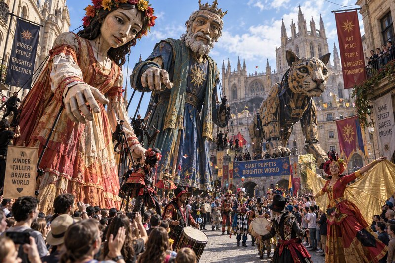 Giant ornate puppets parade through a crowded historic city square during a sunny street festival