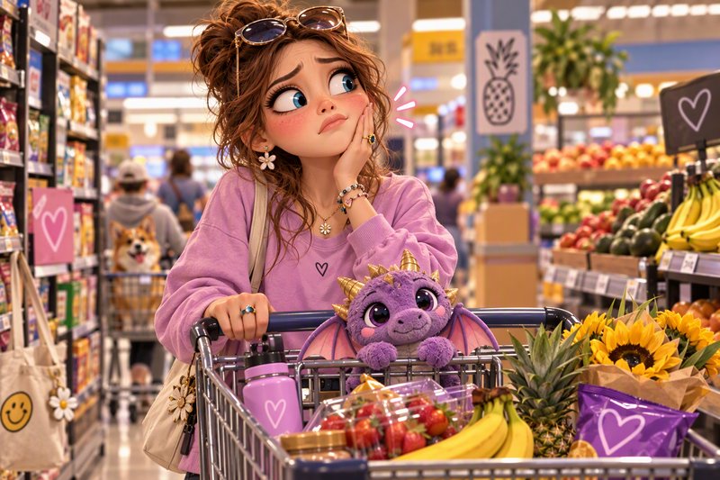 Pensive animated young woman shops at a supermarket with a plush purple baby dragon in her grocery cart