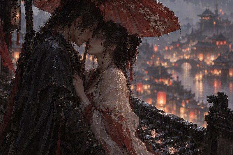 Romantic couple in hanfu lean to kiss under a red umbrella overlooking a rain-soaked lantern-lit ancient city