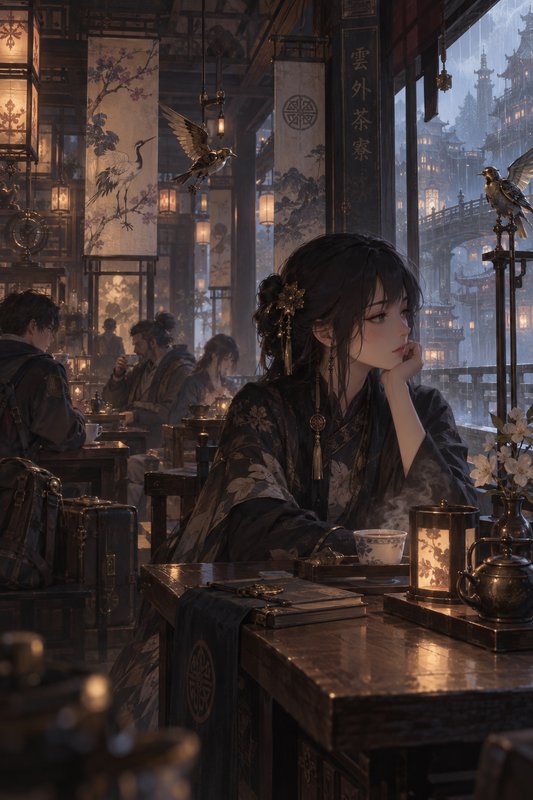 Pensive young woman in embroidered hanfu sits at a cozy lantern-lit teahouse overlooking a misty rainy fantasy city