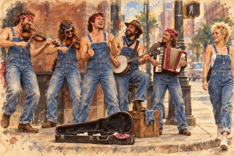 Bluegrass busker band in matching denim overalls plays instruments on a downtown city sidewalk as a passerby approaches