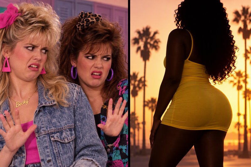 Split panel of 1980s teen girls recoiling in disgust next to a curvy woman in a yellow mini dress at sunset