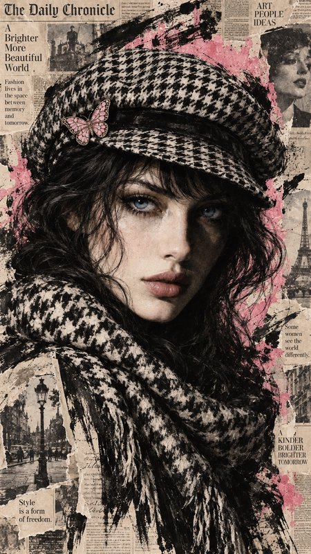Collage portrait of a woman in a houndstooth cap and scarf set against a vintage Parisian newspaper background