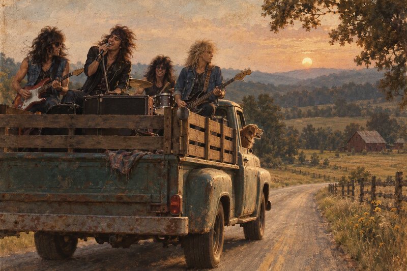 80s hair metal band performing in the bed of a rusty vintage pickup truck on a rural sunset road