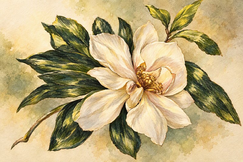 Watercolor illustration of a blooming creamy white magnolia flower surrounded by green leaves