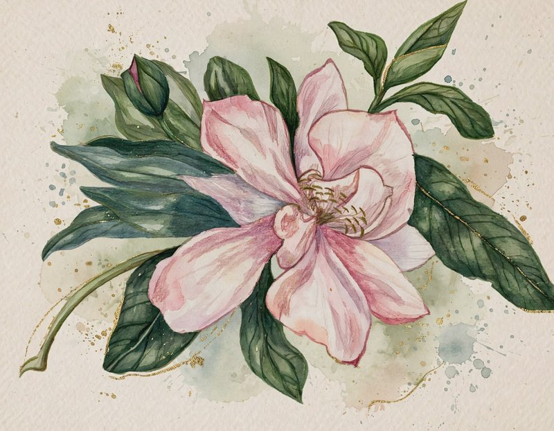 Watercolor illustration of a soft pink magnolia bloom surrounded by green leaves and delicate gold fleck accents