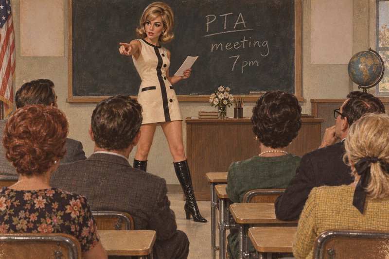 1960s woman pointing while addressing seated attendees at a school PTA meeting