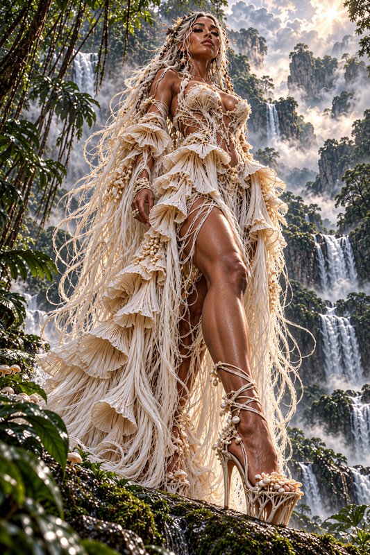 Fantasy forest goddess in an organic ivory gown stands on a mossy cliff overlooking tiered jungle waterfalls