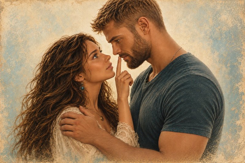 Intimate romantic couple gazing tenderly, woman holding a finger to the man's lips in a quiet shared moment