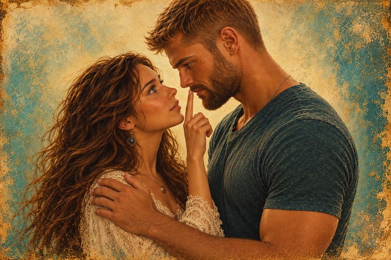 Woman shushes her partner as they share an intimate close moment in a vintage styled portrait