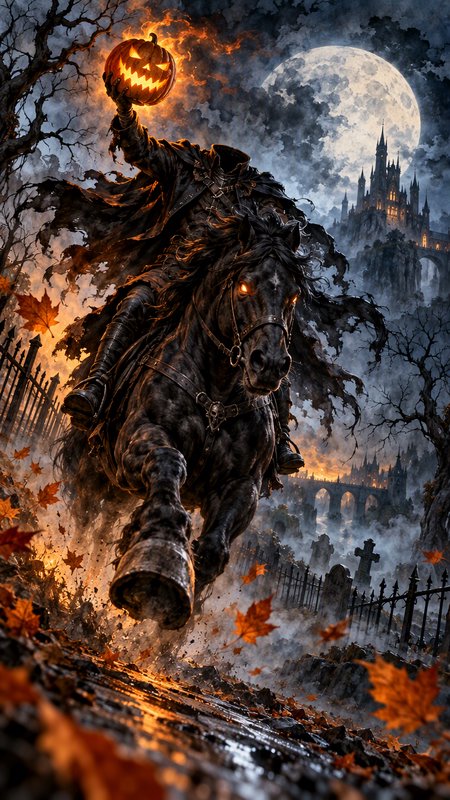 Headless horseman gallops on a fiery-eyed black horse holding a glowing jack-o-lantern over a misty graveyard