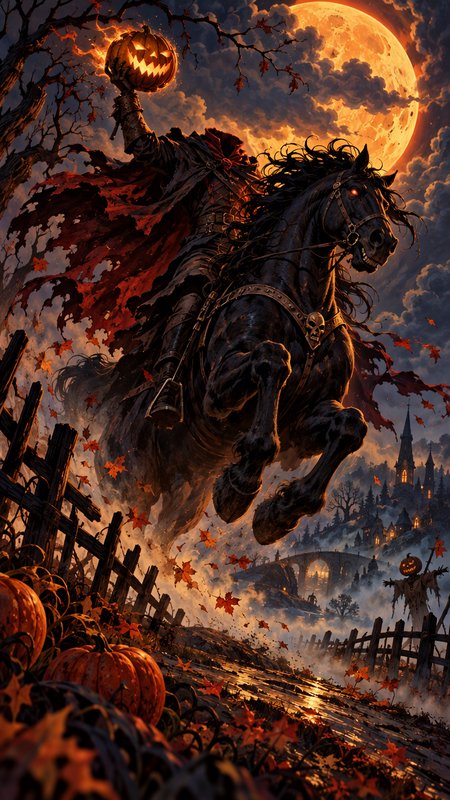 Headless Horseman rides a rearing black stallion while holding a glowing jack-o-lantern under a giant orange full moon