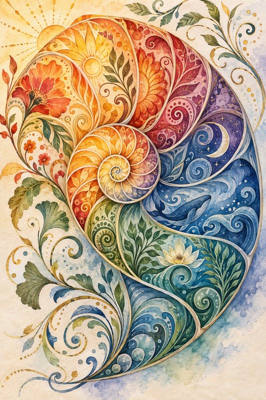 Intricate watercolor golden spiral decorated with floral, sun, moon, and ocean nature motifs
