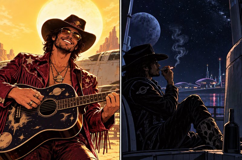Split diptych of a space cowboy playing guitar at day and smoking at night on an alien world