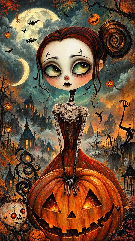 Stylized big-eyed gothic girl rests her hands on a glowing jack-o-lantern in a spooky Halloween night scene