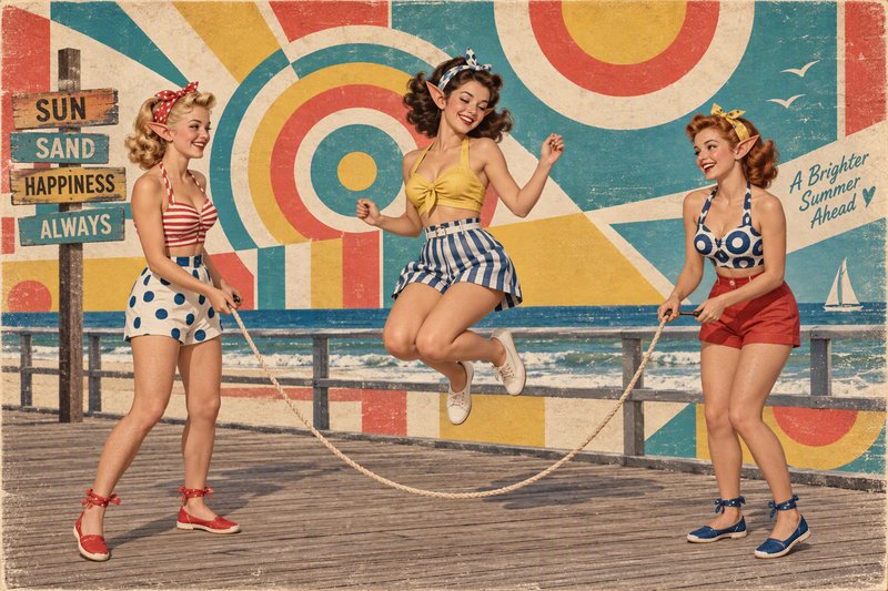 Three playful retro elf pinup girls jump rope on a sunny vintage beach boardwalk