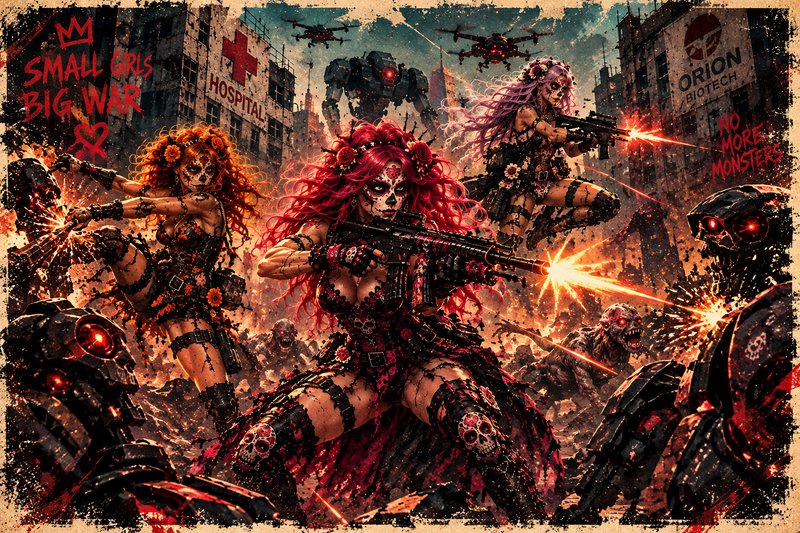 Sugar skull warrior women battle robots and zombies in a post-apocalyptic city war zone