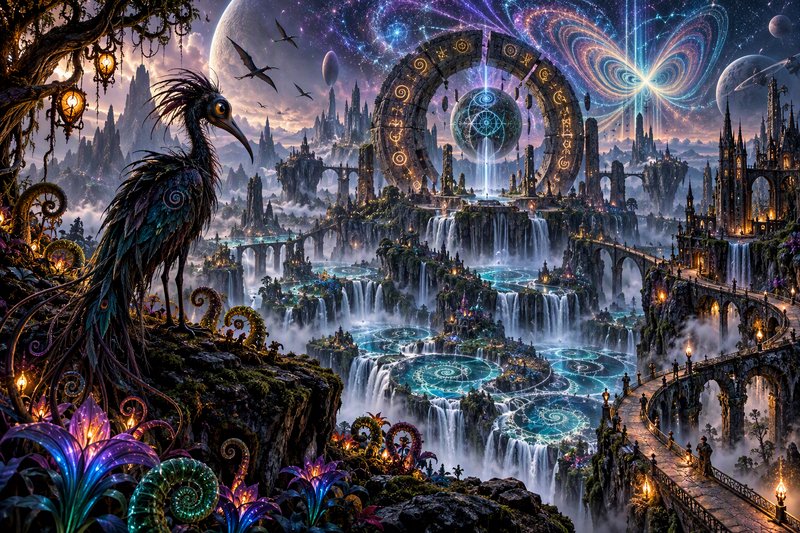 Iridescent mythical bird perches overlooking a floating fantasy city, glowing stargate, and celestial night sky