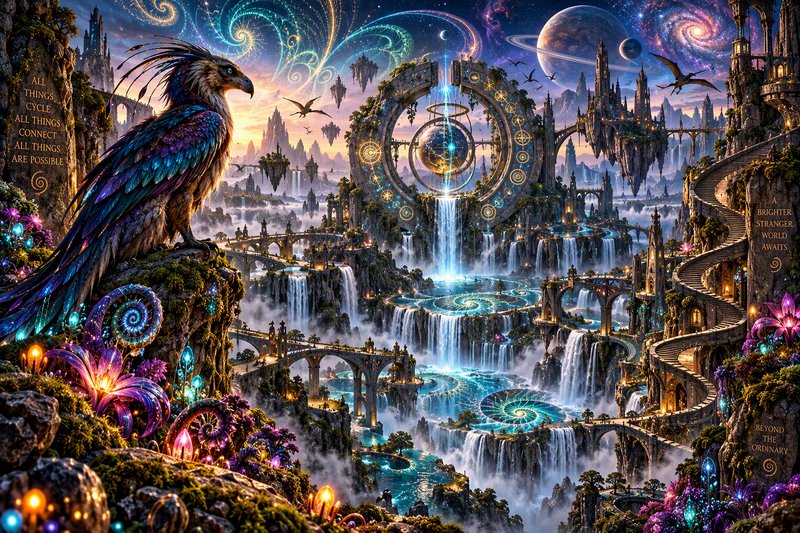 Iridescent mythical phoenix-like bird perches above a floating magical city under a swirling cosmic sky
