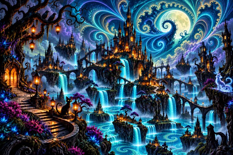 Surreal floating fantasy castle kingdom with cascading waterfalls under a swirly magical moonlit sky