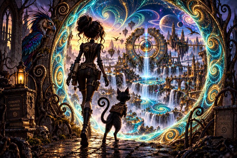 Steampunk adventurer and her cat step toward a glowing magical portal leading to a floating fantasy realm