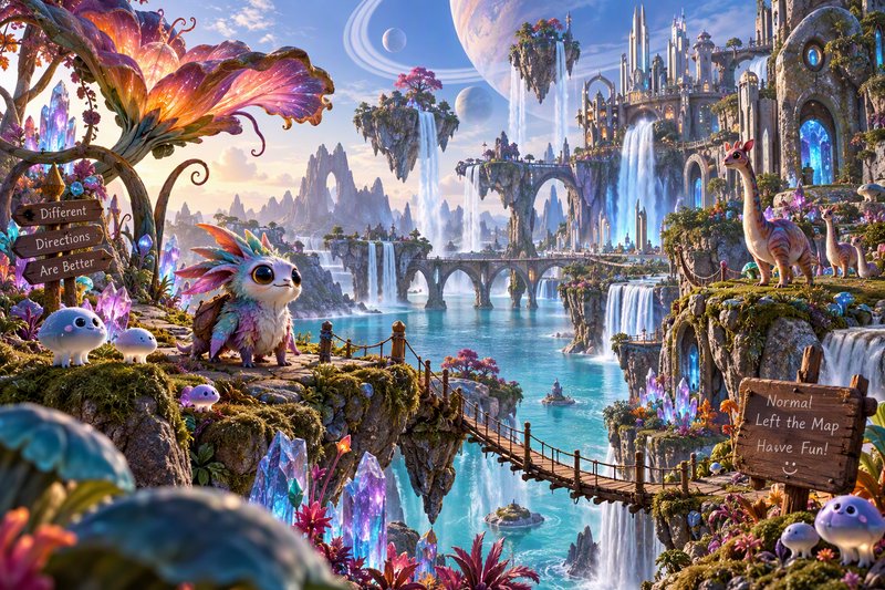 Cute pastel fantasy creatures stand on a cliff path overlooking floating islands, cascading waterfalls, and an alien castle