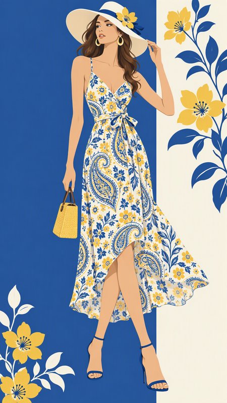 Stylish woman in a paisley floral sundress and wide sun hat holds a straw tote against a bold decorative background