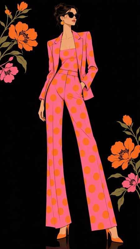 Chic woman in a pink orange-polka-dot tailored suit stands framed by florals on a black background