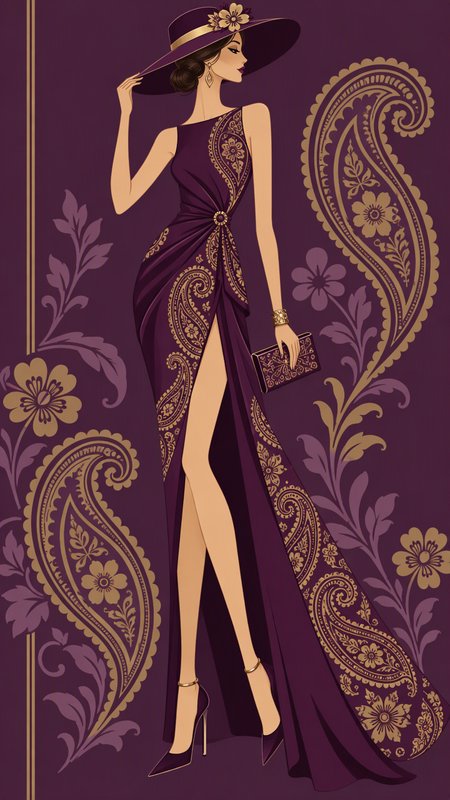 Elegant woman in a gold-embroidered purple evening gown and wide hat holds a clutch against a paisley patterned backdrop