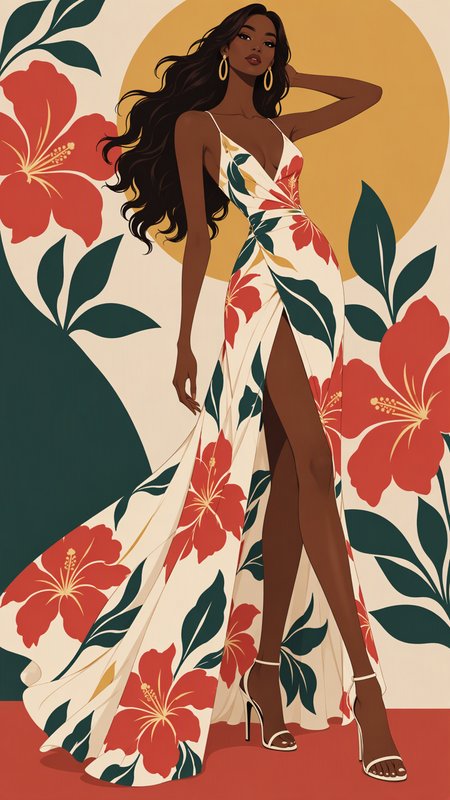 Elegant dark-skinned woman in a hibiscus print gown poses against a tropical floral background
