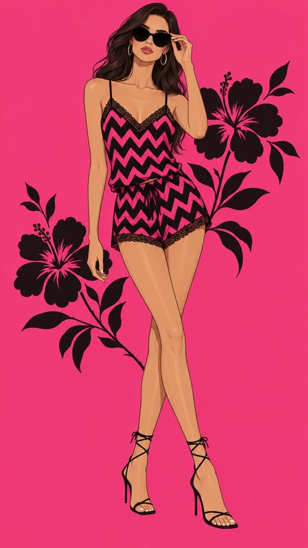 Glamorous woman in chevron loungewear adjusts sunglasses against a bright pink hibiscus backdrop
