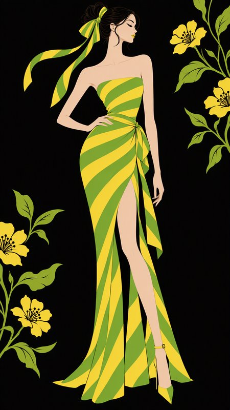 Elegant fashion illustration of a woman in a green and yellow striped evening gown framed by yellow flowers