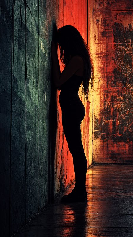 Silhouetted distressed woman leans her head against a textured wall in a moody dimly lit hallway