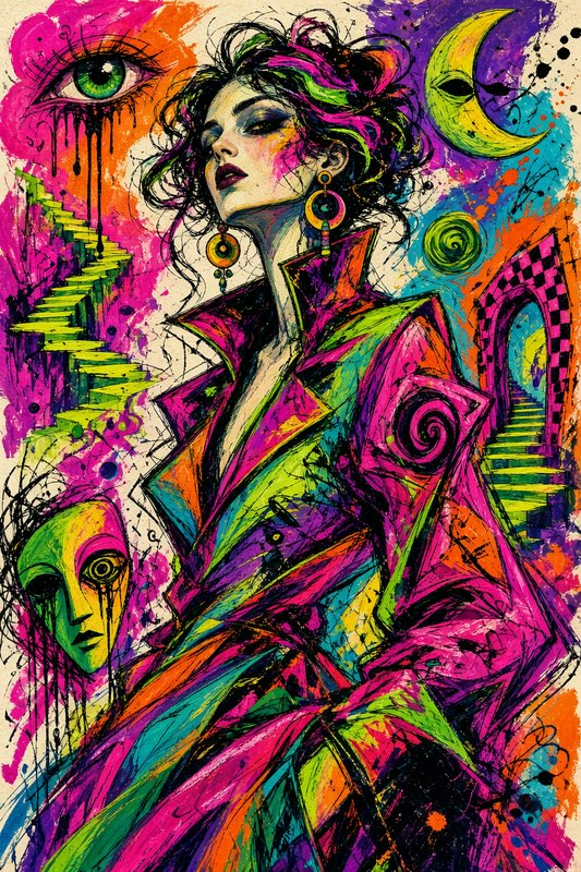 Surreal neon pop art portrait of a woman surrounded by symbolic eyes, mask, and dreamlike motifs