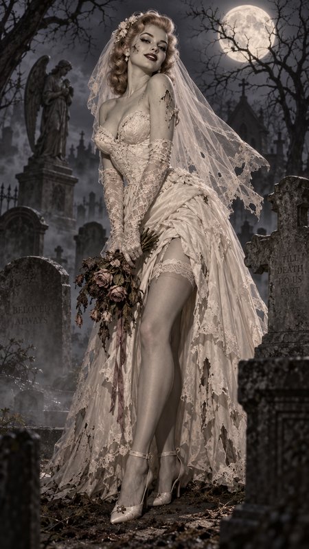 Undead vintage bride holds a wilted bouquet while standing in a foggy moonlit graveyard