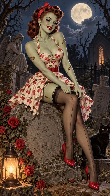 Green skinned stitched zombie pinup sits on a gravestone in a moonlit cemetery with a black cat