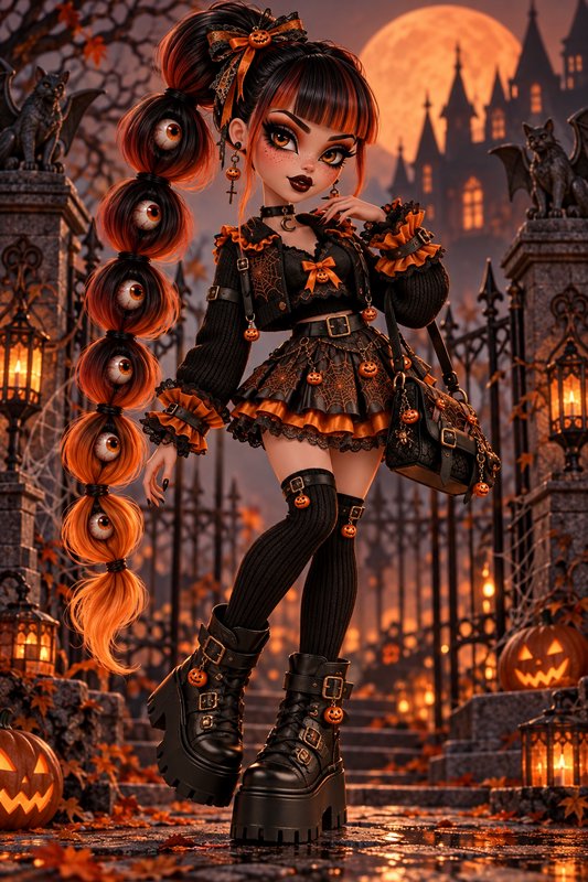 Cute gothic Halloween anime girl with eerie eyeball pigtails stands before a spooky mansion at full moon