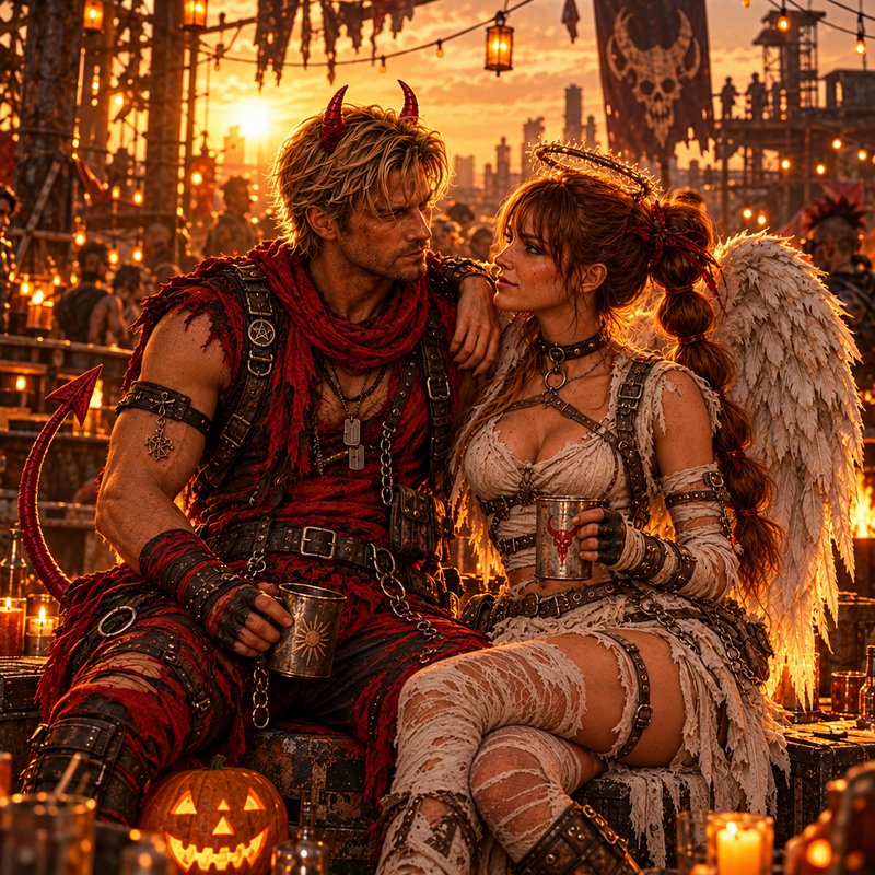 Demon-costumed man and angel-costumed woman hold tankards at a sunset post-apocalyptic Halloween gathering