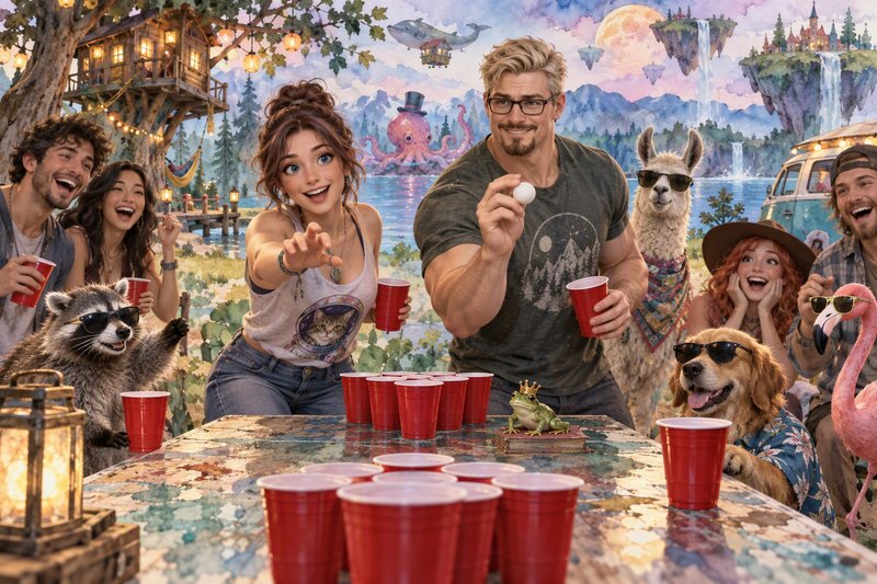 Friends and silly anthropomorphic animals play beer pong at a magical fantasy lakeside party