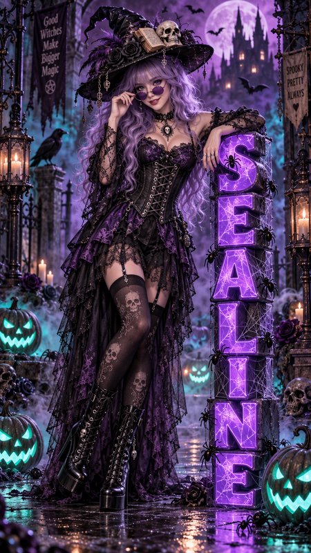 Lavender-haired gothic witch poses next to glowing purple lettering in a spooky Halloween graveya...