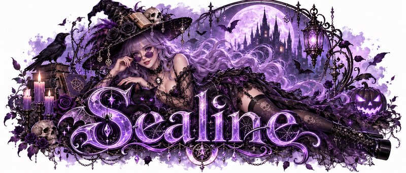 Gothic anime purple hair witch with spooky Halloween decor and glowing stylized Sealine banner text
