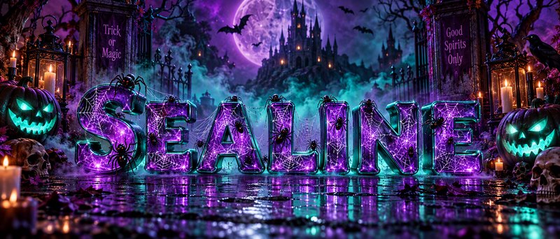 Glowing 3D SEALINE Halloween lettering sits between jack-o-lanterns against a haunted castle and ...