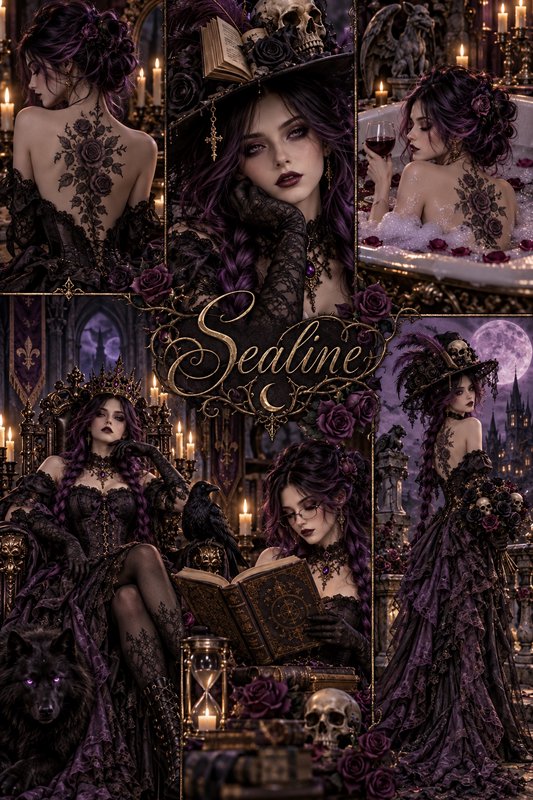 Collage of gothic purple-haired noblewoman across atmospheric dark fantasy portrait scenes