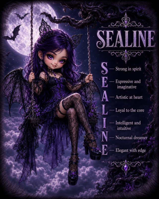 Cute gothic chibi bat girl with purple hair sits on a twisted tree swing beneath a glowing full m...