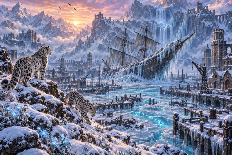 Two snow leopards overlook a frozen fantasy port holding an ice-covered tall ship at golden sunset