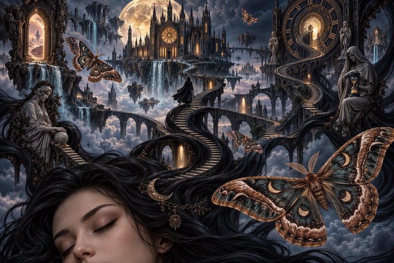 Sleeping woman whose hair flows into a surreal moonlit fantasy realm of floating castles and gian...
